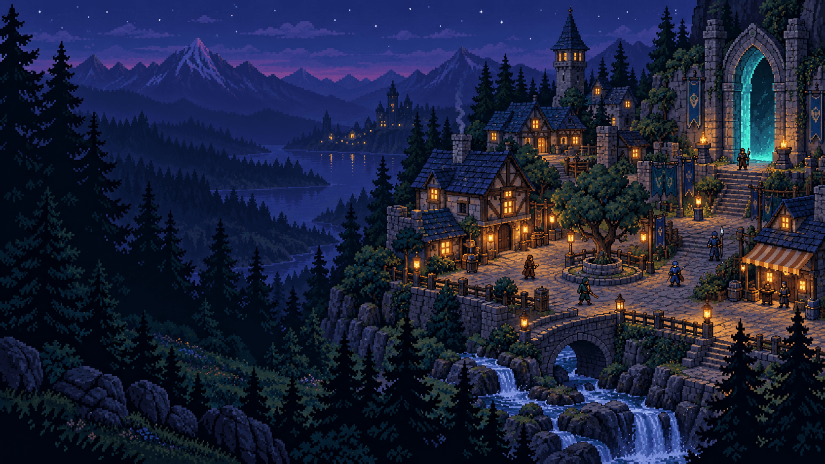 Original pixel illustration: Firstlight village at night