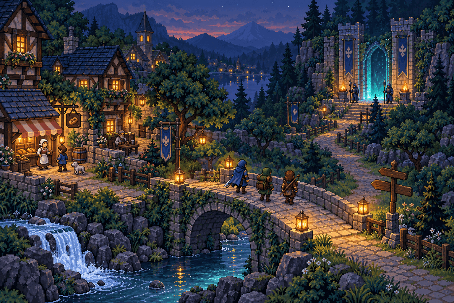 Original pixel illustration of a lantern-lit Firstlight and adventurers setting out together