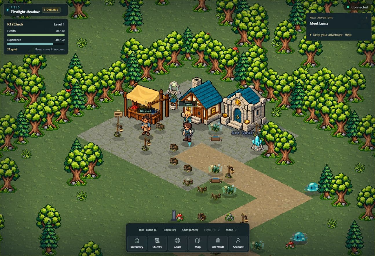 Actual Ascend Online gameplay in Firstlight Meadow, with Luma, Mirel's shop and the Arc Vault